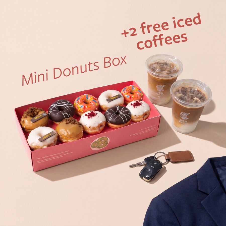 Box of 10 Mini Donuts + 2 Free Iced Coffees