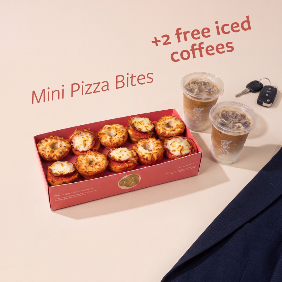 Box of 10 Mini Pizza Donut Bites + 2 Free Iced Coffees